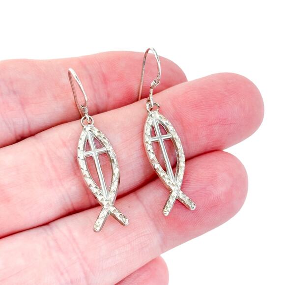 Vintage Sterling Silver 925 4cm Ichthys Fish Cross Dangle Earrings - Picture 1 of 9